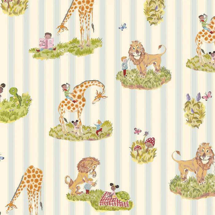 Poodle-and-blonde-wallpaper-childrens-themed-illustrated-animals-giraffe-lion-tortoise-stripe-background-nurdery-style-wallpaper-cartoons-hand-illustrate-bluebell-stripe