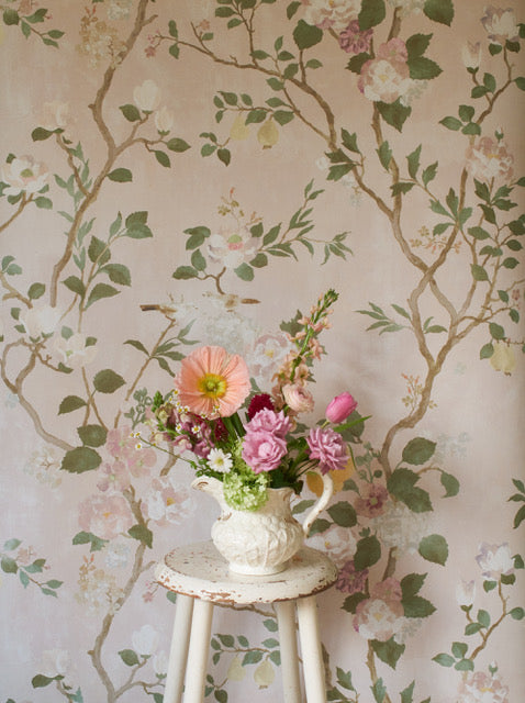 Flora-Roberts-Wallpaper-Hamilton-Weston-Peony-Garden-wall-mural-trailing-garden-prony-blossom-flowers-birds-pears-soft-pink-blush