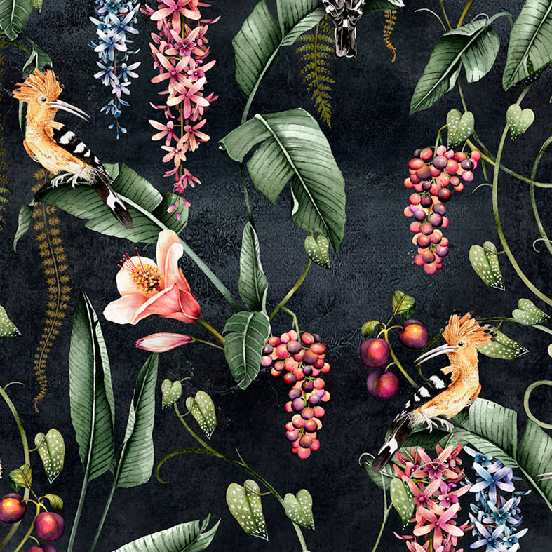 Avalana-wallpaper-Hoopoe-garden-charcoal-exotic-birds-flora-fauna-jungle-print-maximal-pattern-charloal-background