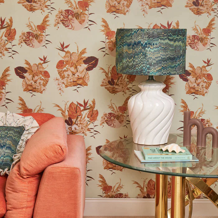 poodle-and-blonde-wallpaper-mazzo-70's-floral-blousy-print-orchids-pampas-grass-pink-cream-orange-light-blue-base-Bambina-blu