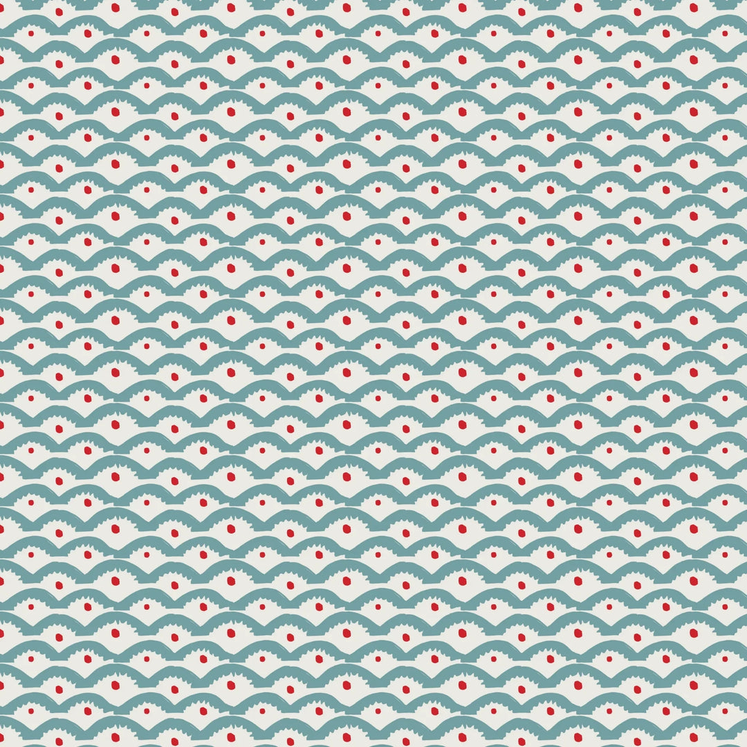 Annika-Reed-Dancing-Queens-collection-wiggly-sqiggly-teal-arched-lines-red-spots-playful-wallpaper-wiggly-lines-large-blue-and-red-pattern