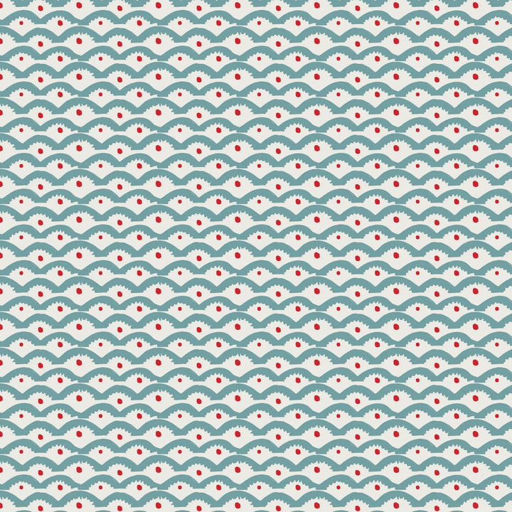 Annika-Reed-Dancing-Queens-collection-wiggly-sqiggly-teal-arched-lines-red-spots-playful-wallpaper-wiggly-lines-large-blue-and-red-pattern