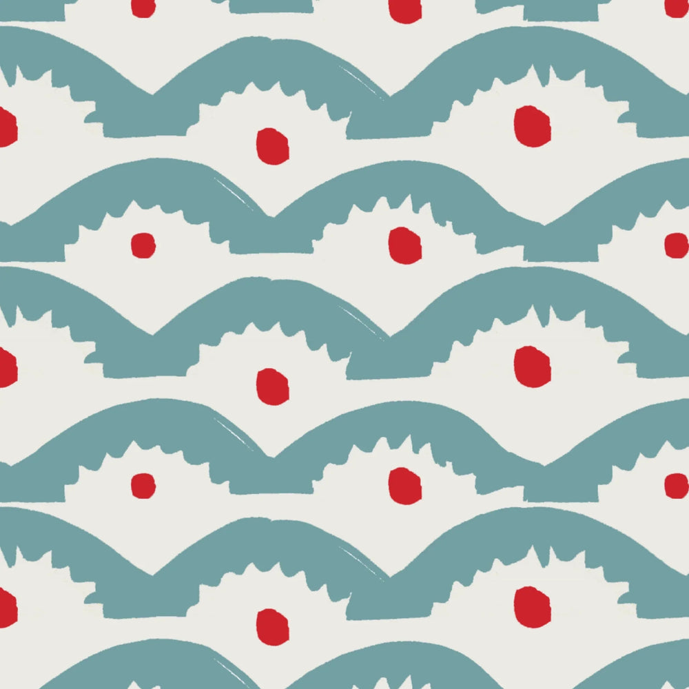 Annika-Reed-Dancing-Queens-collection-wiggly-sqiggly-teal-arched-lines-red-spots-playful-wallpaper-wiggly-lines-large-blue-and-red-pattern 