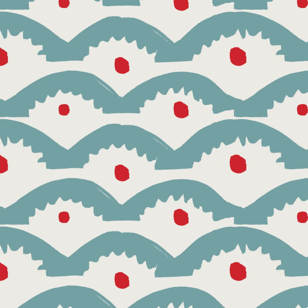Annika-Reed-Dancing-Queens-collection-wiggly-sqiggly-teal-arched-lines-red-spots-playful-wallpaper-wiggly-lines-large-blue-and-red-pattern 