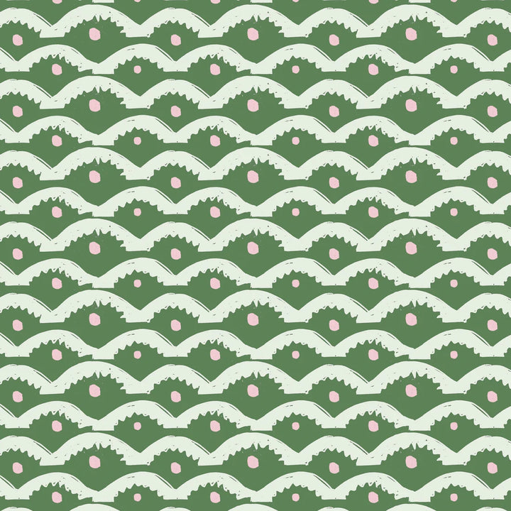 Annika-Reed-Wiggly-Squiggly-wallpaper-white-playful-arches-lines-emerald-green-backing-backround-pink-spots-playful-retro-wallpaper-print-pattern