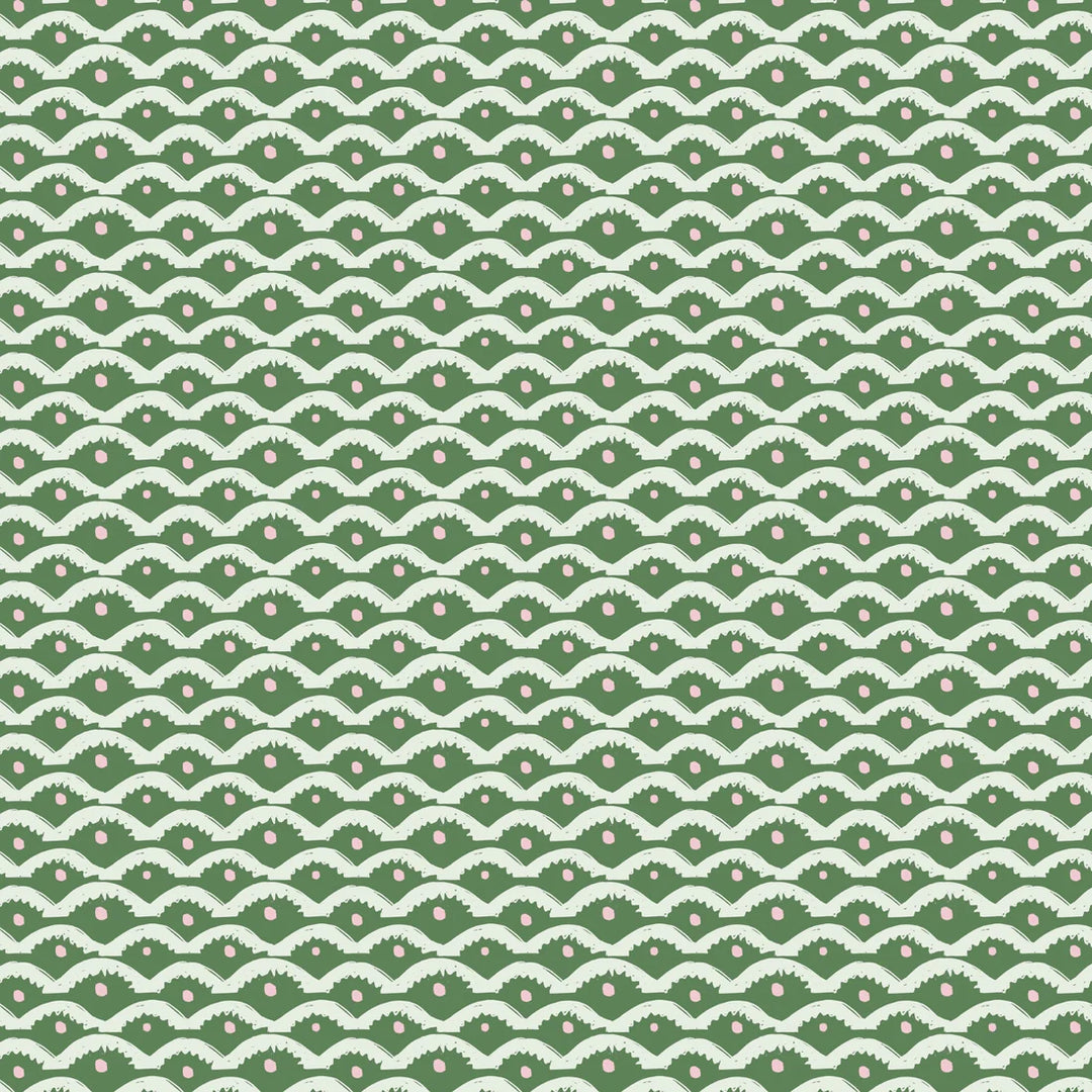 Annika-Reed-Wiggly-Squiggly-wallpaper-white-playful-arches-lines-emerald-green-backing-backround-pink-spots-playful-retro-wallpaper-print-pattern