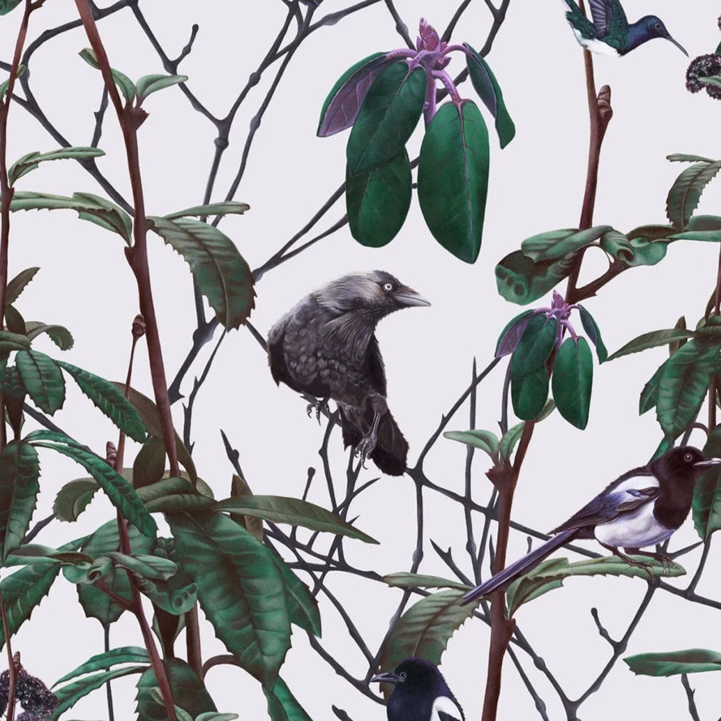 witch-and-watchman-folia-wallpaper-light-white-background-crows-hummingbirds-exotic-forest-scene-mysterious-macbre-greens-jewel-tones
