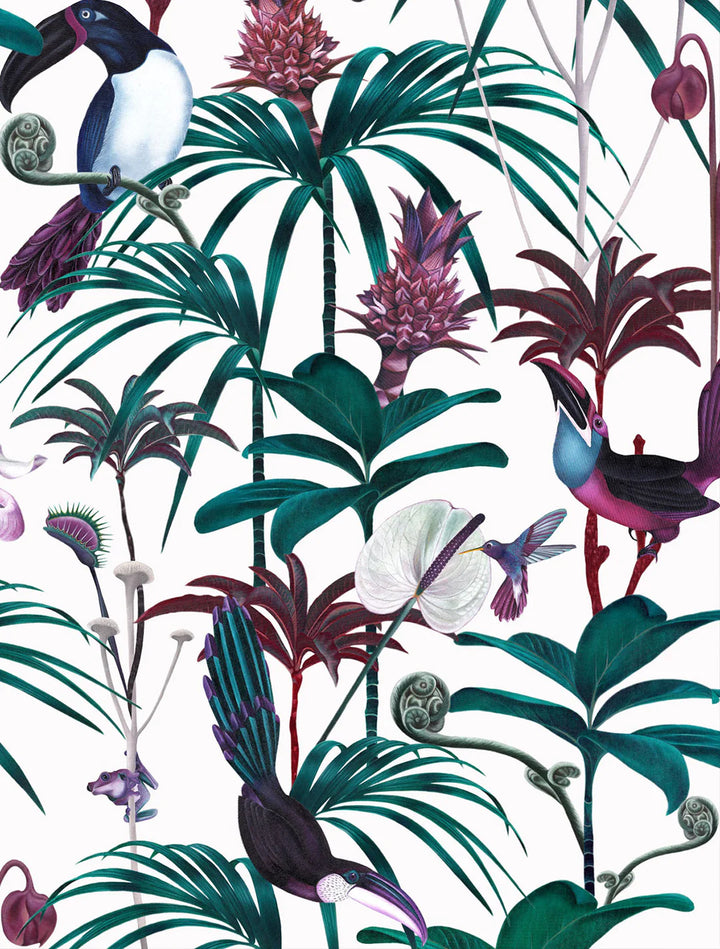 Witch-and-watchman-Xanadu-wallpaper-light-white-background--jungle-scene-exotic-birds-palms-fauna-hot-teal-pink-white-scene