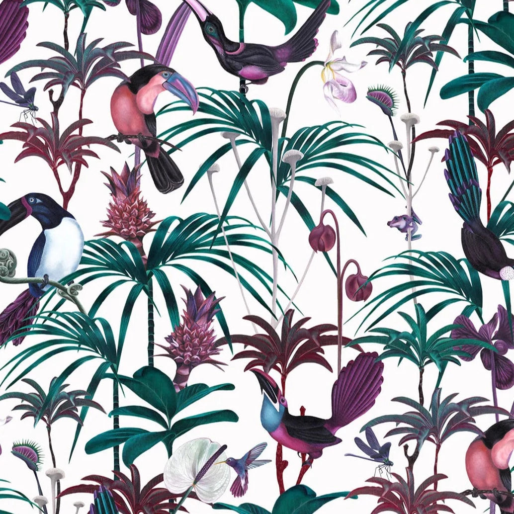 Witch-and-watchman-Xanadu-wallpaper-light-white-background--jungle-scene-exotic-birds-palms-fauna-hot-teal-pink-white-scene