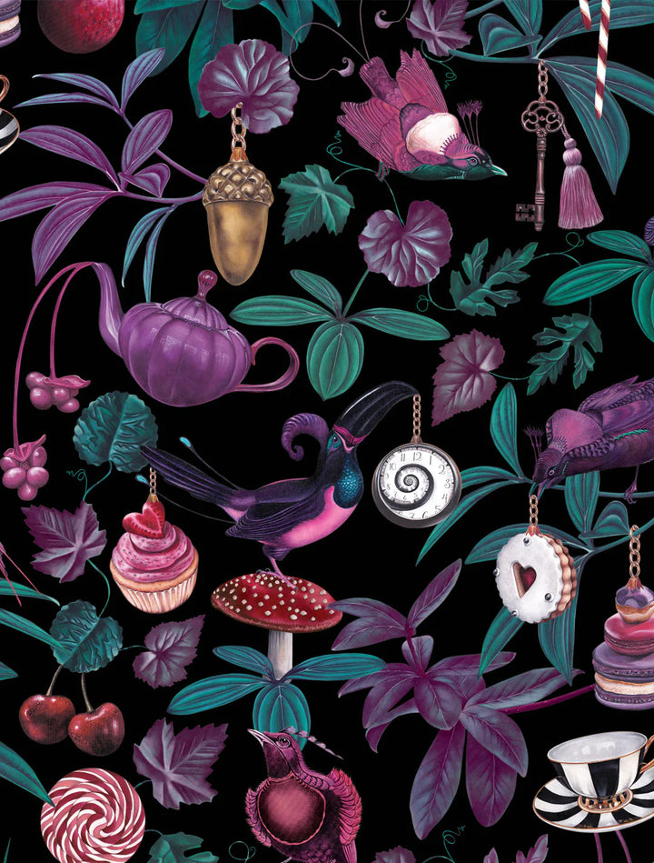 Witch-and-watchman-Belladonna-wallpaper-black-dark-background-surreal-alice-in-wonderland-style-tea-party-cupcakes-mushrooms-candy-teapots-and-birds