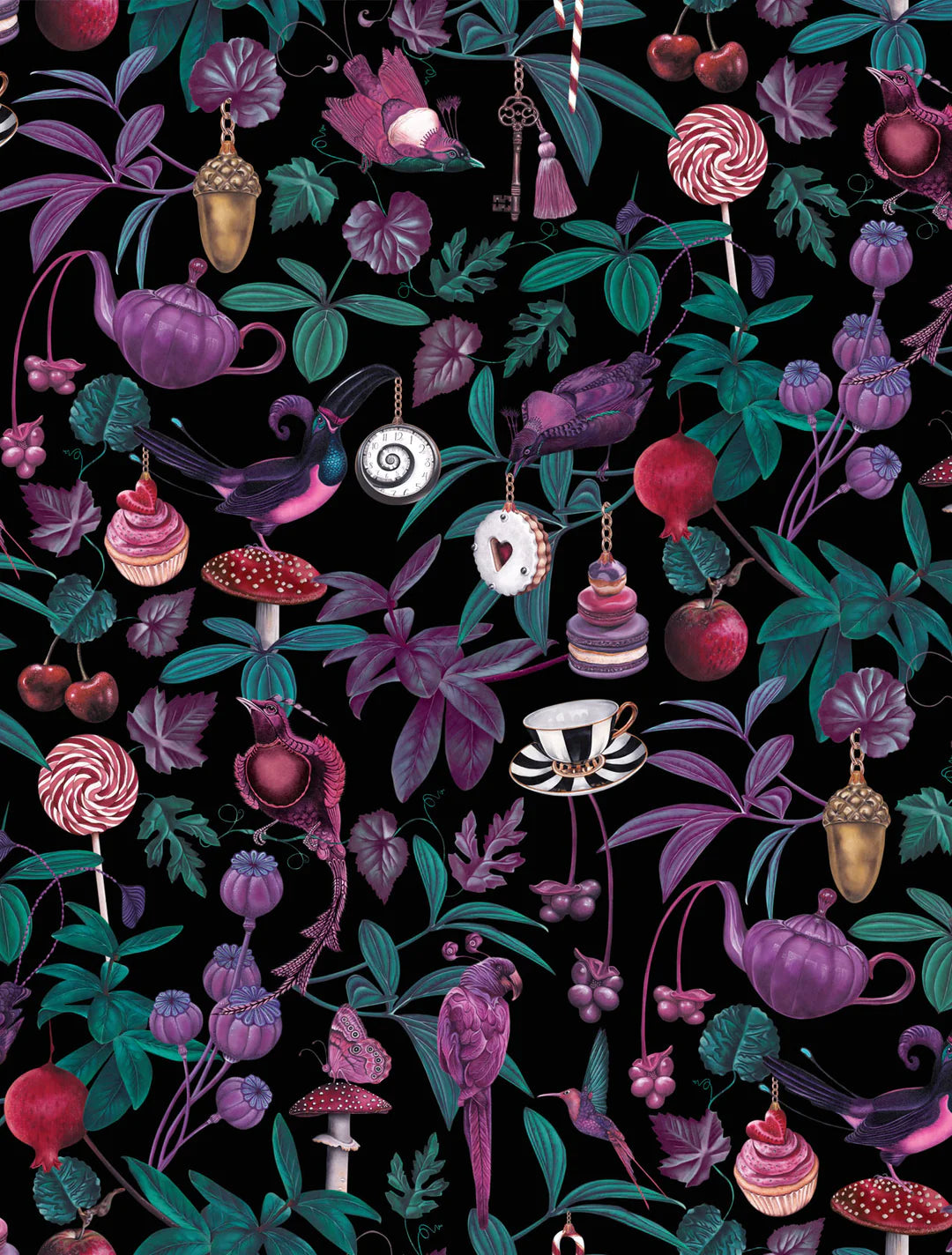 Witch-and-watchman-Belladonna-wallpaper-black-dark-background-surreal-alice-in-wonderland-style-tea-party-cupcakes-mushrooms-candy-teapots-and-birds
