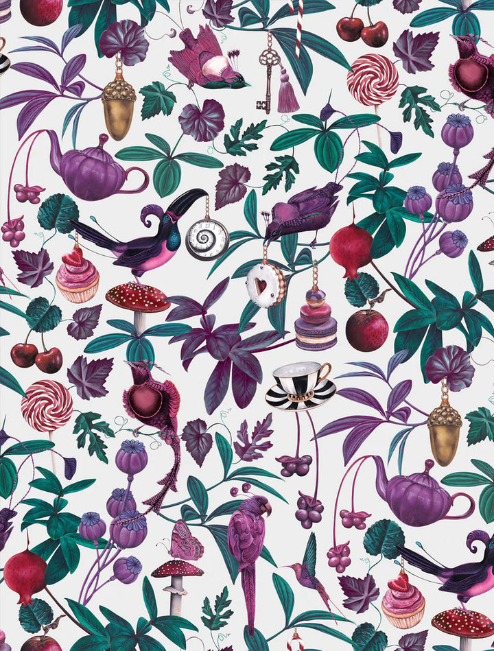 witch-and-watchman-Amazonia-pattern-surreal-tea-party-alice-in-wonderland-themed-fabric-birds-fruit-mushrooms-white-base-light-option-textiles
