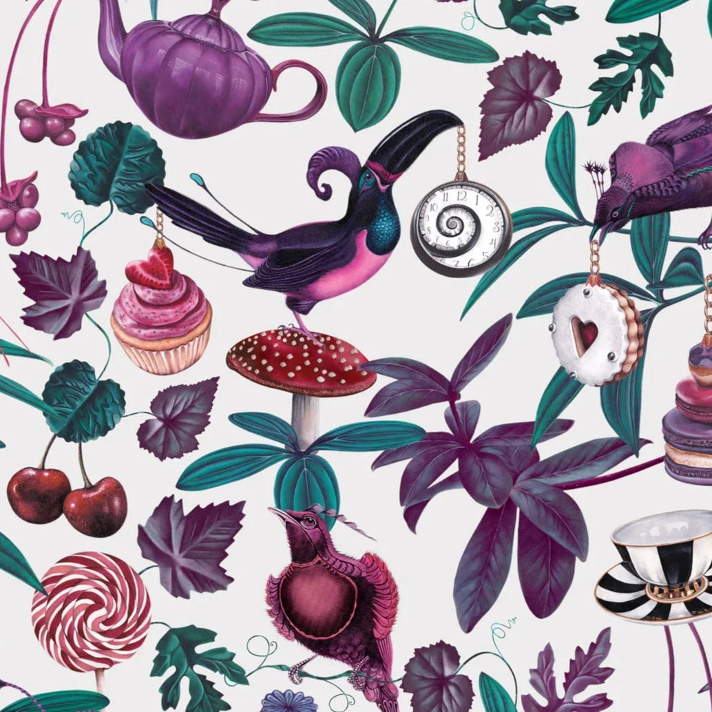 Witch-and-watchman-Belladonna-wallpaper-light-white-background-surreal-alice-in-wonderland-style-tea-party-cupcakes-mushrooms-candy-teapots-and-birds 