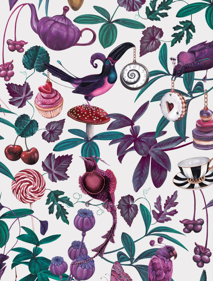 Witch-and-watchman-Belladonna-wallpaper-light-white-background-surreal-alice-in-wonderland-style-tea-party-cupcakes-mushrooms-candy-teapots-and-birds