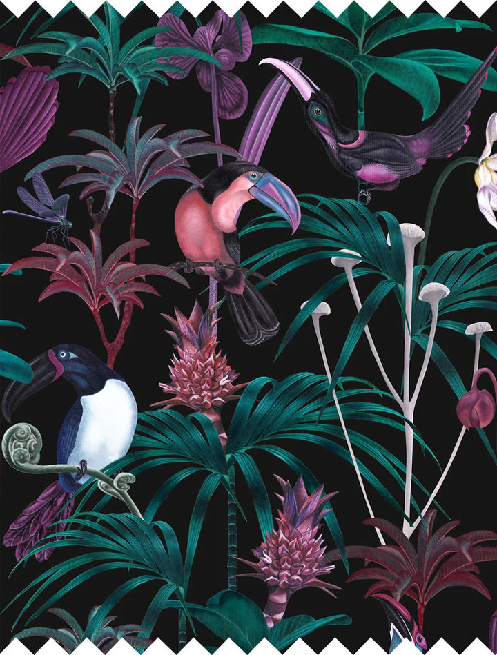 witch-and-watchman-xanadu-dark-fabric-parrots-palm-fern-jungle-print-tropical-black-background-floral-ferns-birds