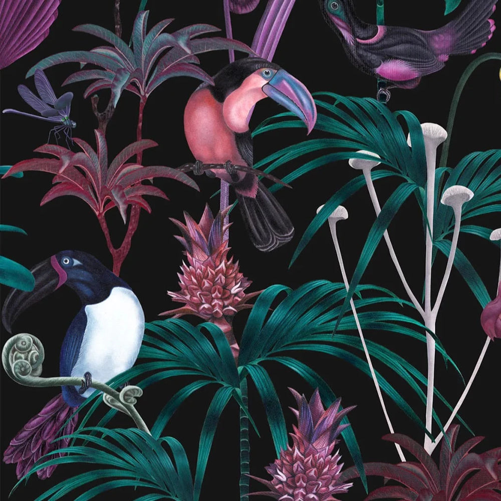 Witch-and-watchman-Xanadu-wallpaper-dark-jungle-scene-exotic-birds-palms-fauna-hot-teal-pink-white-night-scene