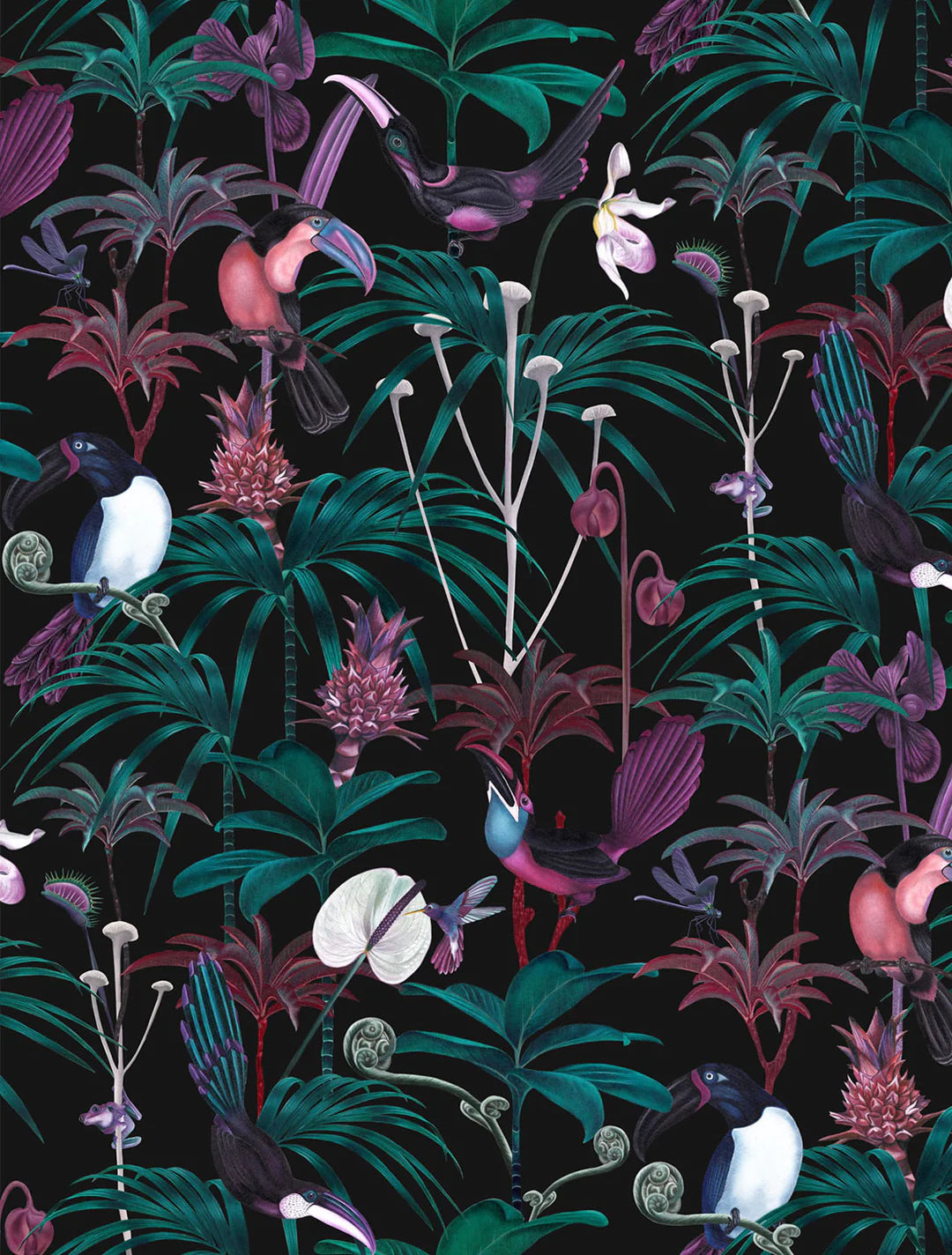 Witch-and-watchman-Xanadu-wallpaper-dark-jungle-scene-exotic-birds-palms-fauna-hot-teal-pink-white-night-scene