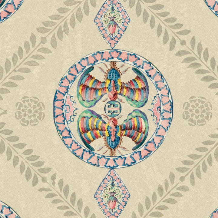 Mind-the-gap-Abeille-Decoratof-wallpaper-WP20765-cream-tole-crest-pattern-leaf-tile-repeat  
