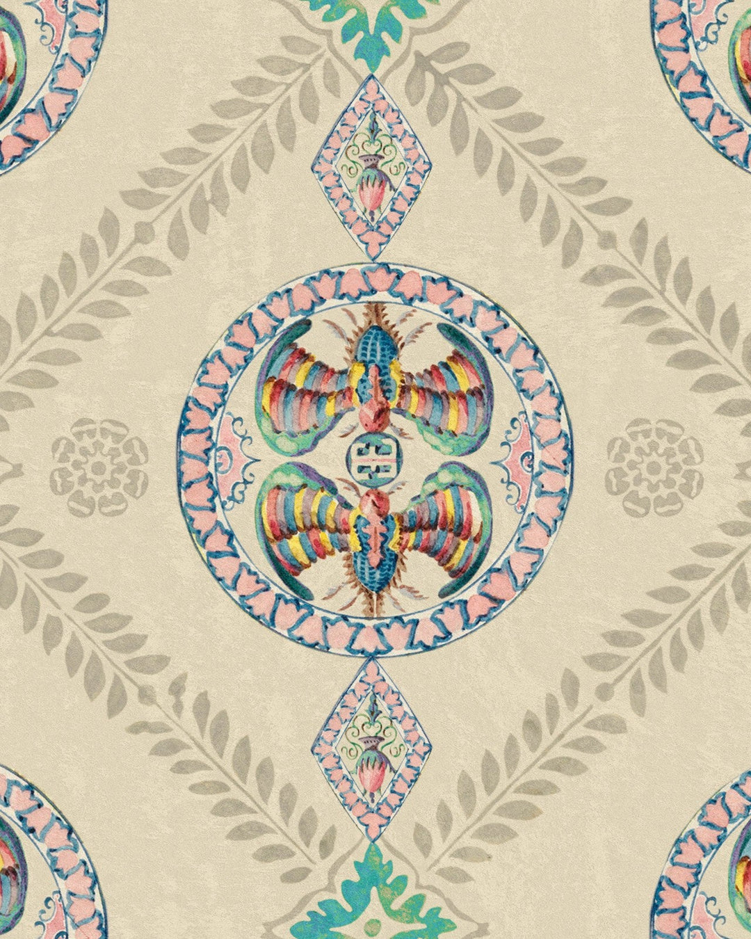 Mind-the-gap-Abeille-Decoratof-wallpaper-WP20765-cream-tole-crest-pattern-leaf-tile-repeat