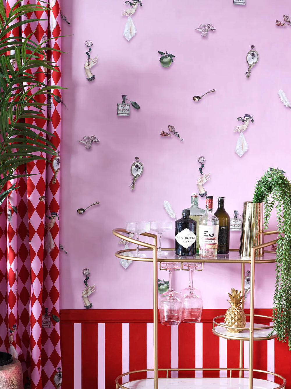 Witch-and-watchman-belle-epoque-wallpaper-red-dressingroom-old-glamour-Hollywood-style-boudoire-retro-fairytale-whimsical-wallpaper-bubblegum-pink-background