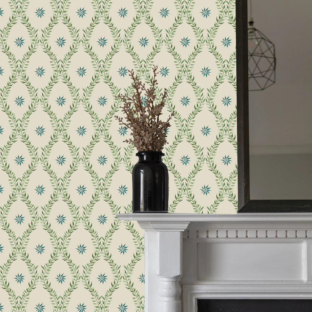 Tatie-Lou-Belle-Sage-wallpaper-classic-inspired-diamond-shape-trellis-leaf-pattern-flower-centre-traditional-green-blue-on-cream 