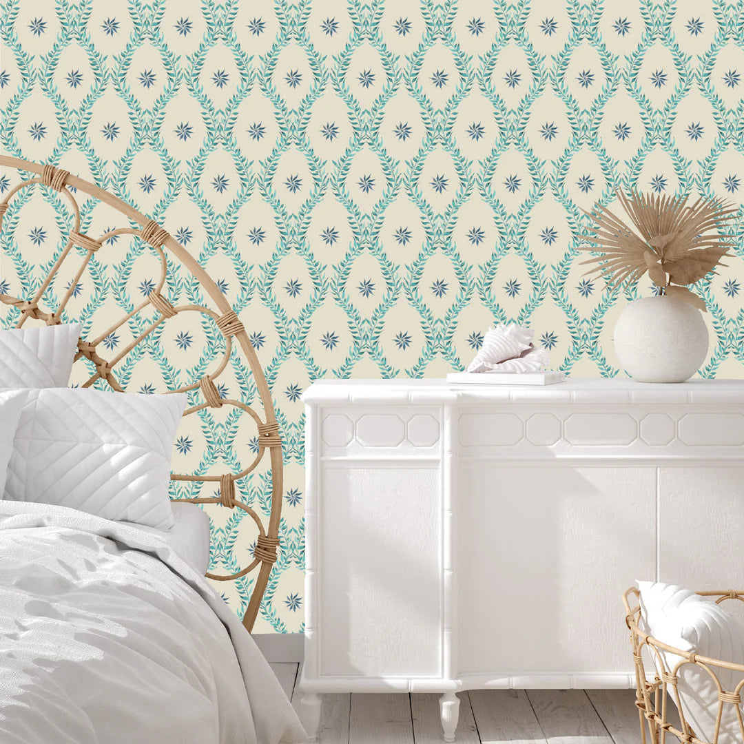 Tatie-Lou-Belle-wallpaper-classic-inspired-diamond-shape-trellis-leaf-pattern-flower-centre-traditional-blue-on-cream-Teal