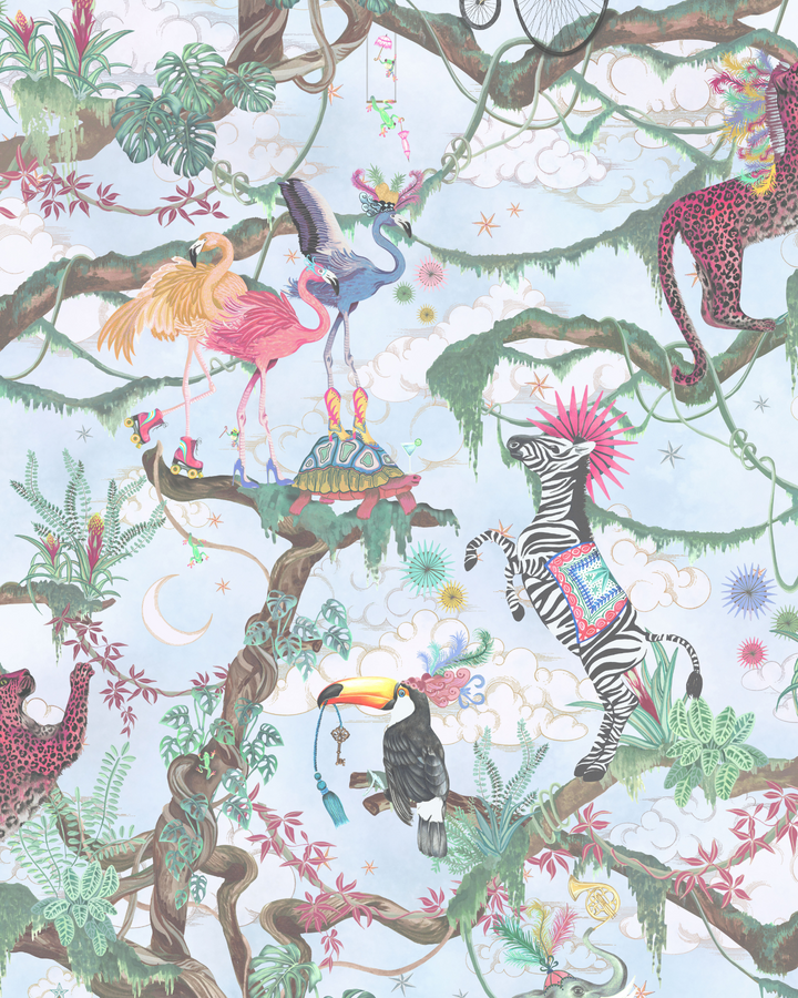 Carnival-fever-collection-wallpaper-wallcovering-brand-mckenzie-british-designer-balancing-act-animals-tropical-tree-brances-clouds-stars-moons
