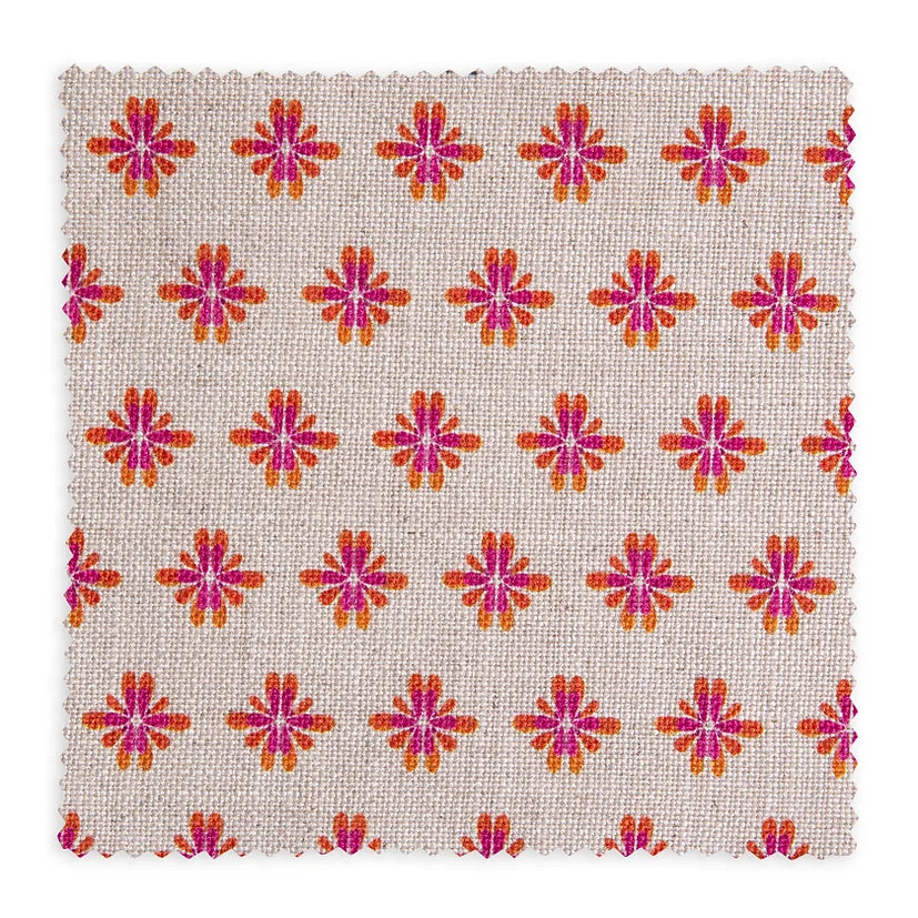 Bethie-tricks-textiles-fabrics-sunrise-small-floral-print-pattern-fuschia-red-orange-print-on-cream-linen