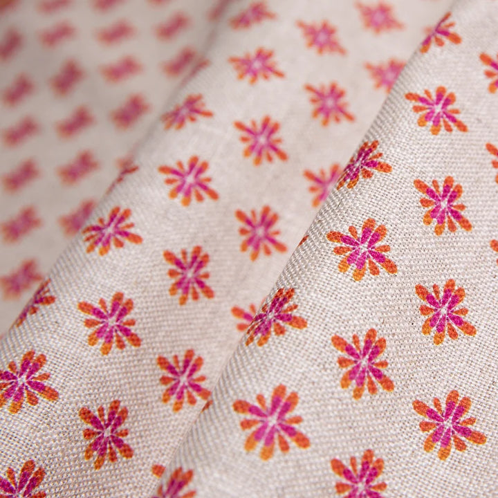 Bethie-tricks-textiles-fabrics-sunrise-small-floral-print-pattern-fuschia-red-orange-print-on-cream-linen
