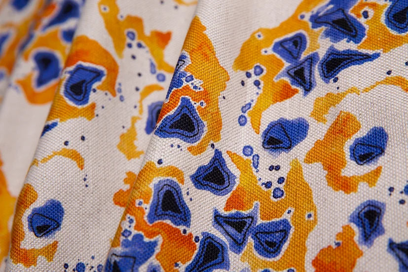 Bethie-tricks-textiles-inky-seeds-random-tangerine-indigo-black-spotswatercolour-puddles-ink-flax-linen-background