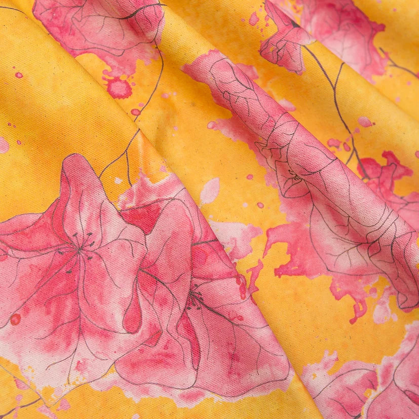 Bethie-Tricks-textiles-tropicana-linen-pink-flowers-on-tangerine-linen-flax