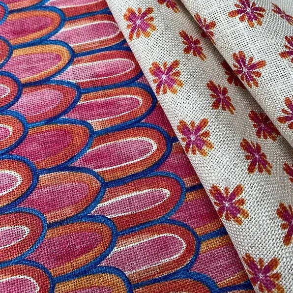 Bethie-Tricks-Textiles-Scalloped-edged-tile-inspired-fabric-print-fuschia-rounded-edged-overlapping-pink-indigo-trimmed-orange-white-highlights