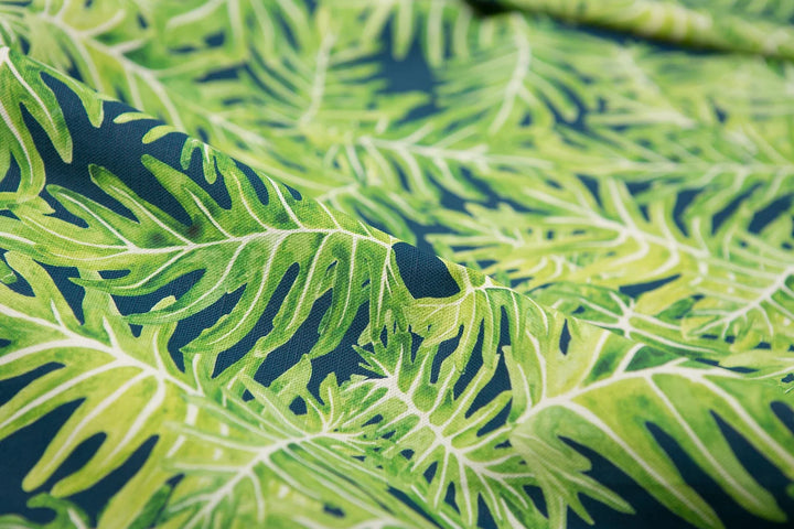 Bethie-tricks-textiles-leaf-pattern-screen-print-linen-cotton-mix-botanical-leaf-tropical-green-Xanandu-Phiadendron-planr-Canopy-navy