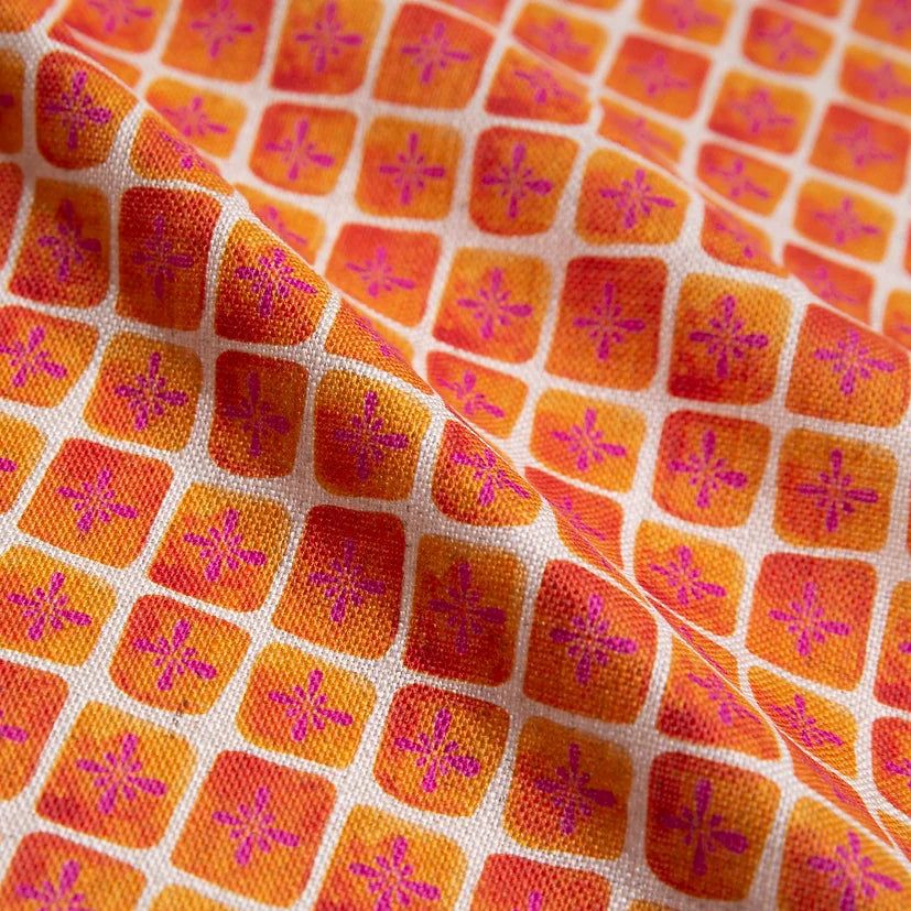 Bethie-Tricks-textiles-sun-bloc-print-fabric-orange-squares-small-fuschia-flower-inside-bloc-print-check-pattern