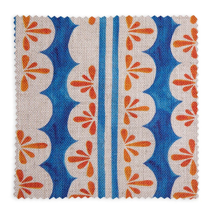 Bethie-Tricks-Textiles-pool-party-cream-scalloped-edge-stripes-orange-posy-print-against-indigo-blue-base