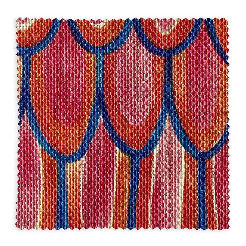 Bethie-Tricks-Textiles-Scalloped-edged-tile-inspired-fabric-print-fuschia-rounded-edged-overlapping-pink-indigo-trimmed-orange-white-highlights