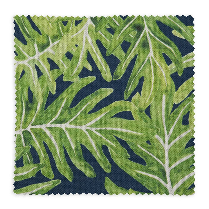 Bethie-tricks-textiles-leaf-pattern-screen-print-linen-cotton-mix-botanical-leaf-tropical-green-Xanandu-Phiadendron-planr-Canopy-navy