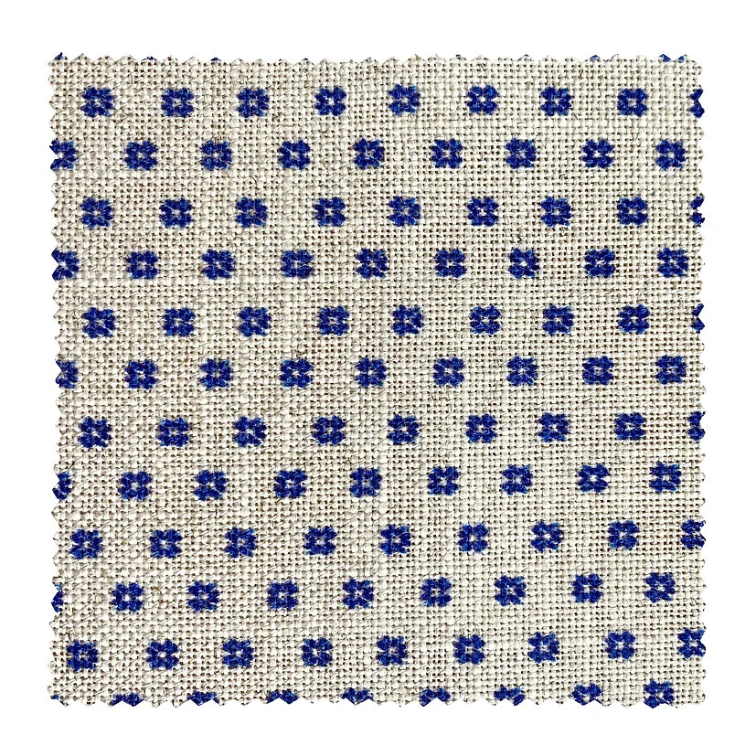 Bethie-tricks-spritz-fabric-indigo-blue-posy-print-small-spots-against-cream-linen