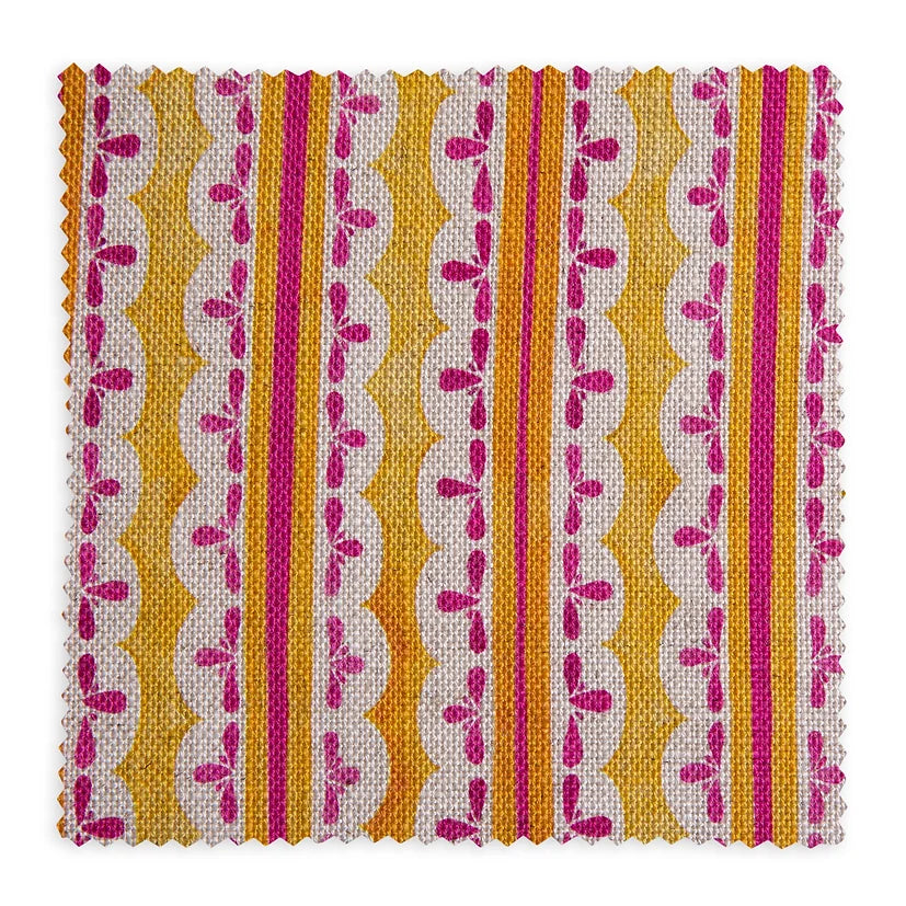 Bethie-tricks-textiles-fabrics-heatwave-verticle-pattern-stripe-print-pattern-fuschia-red-orange-print-on-cream-linen