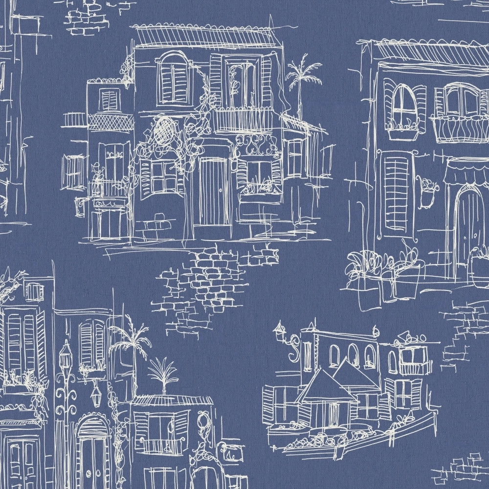 Brand-McKenzie-Charming-lanes-wallpaper-hand-sketched-illustrations-charming-lanes-buildings-cafes-line-drawing-holiday-themed-paper-China-Blue-BMPP04/01A