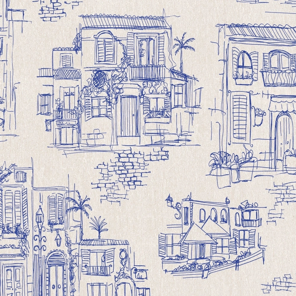 Brand-McKenzie-Charming-lanes-wallpaper-hand-sketched-illustrations-charming-lanes-buildings-cafes-line-drawing-holiday-themed-paper-Denim-BMPP04/01B