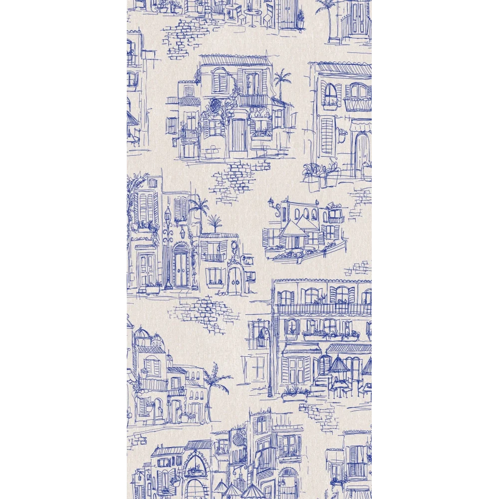 Brand-McKenzie-Charming-lanes-wallpaper-hand-sketched-illustrations-charming-lanes-buildings-cafes-line-drawing-holiday-themed-paper-Denim-BMPP04/01B