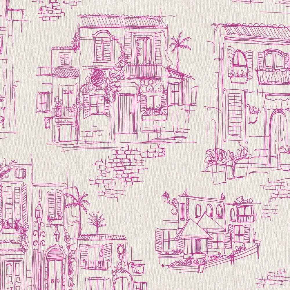 Brand-McKenzie-Charming-lanes-wallpaper-hand-sketched-illustrations-charming-lanes-buildings-cafes-line-drawing-holiday-themed-paper-Fuchia-BMPP04/01C
