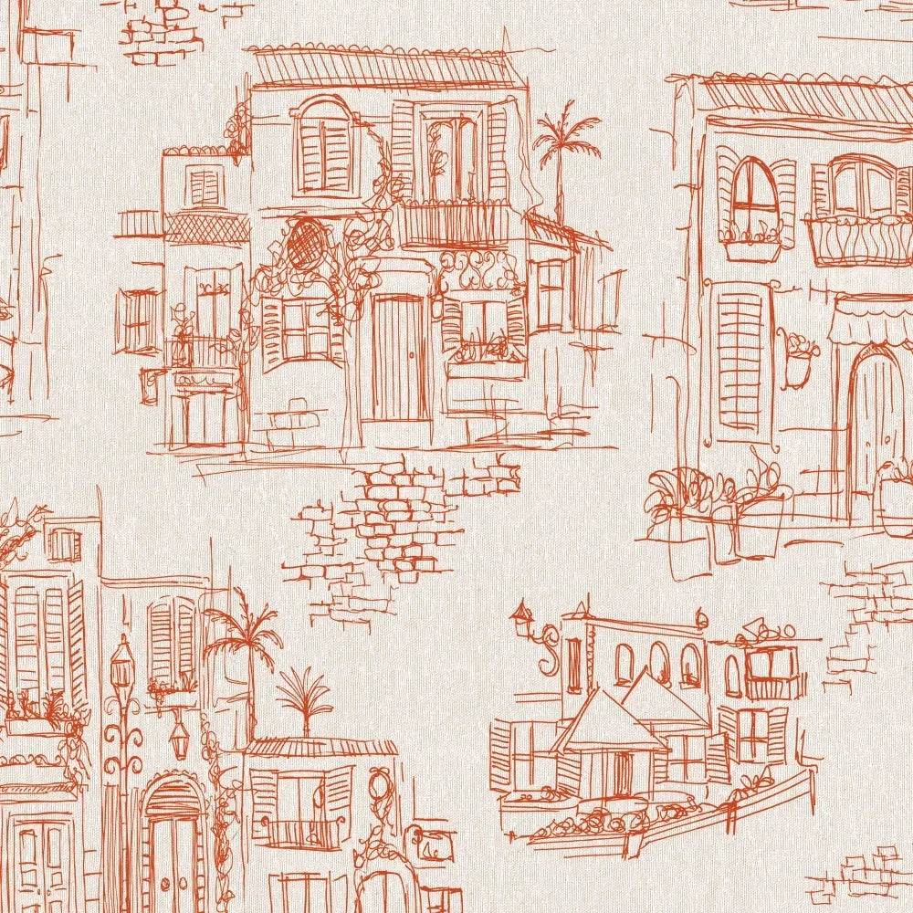 Brand-McKenzie-Charming-lanes-wallpaper-hand-sketched-illustrations-charming-lanes-buildings-cafes-line-drawing-holiday-themed-paper-Pumpkin-BMPP04/01D