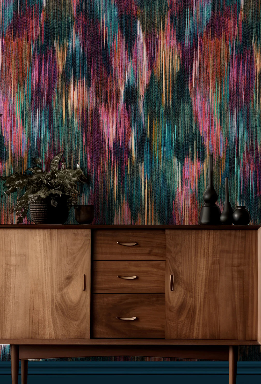 Victoria-Sanders-Spectre-Ikat-geometric-Wallpaper-Jewel-ikat -greens-teal-purples-rust