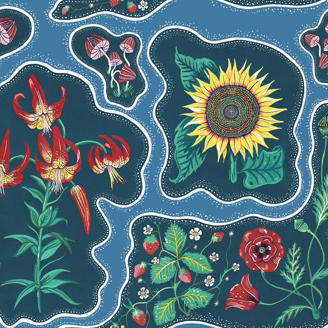 wear-the-walls-halcyon-wallpaper-Periwinkle-blue-stunning-retro-floral-patchwork-hand-illustrated-print-bold-sunflowers-strawberries-mushrooms-poppies-psychedelic-pattern