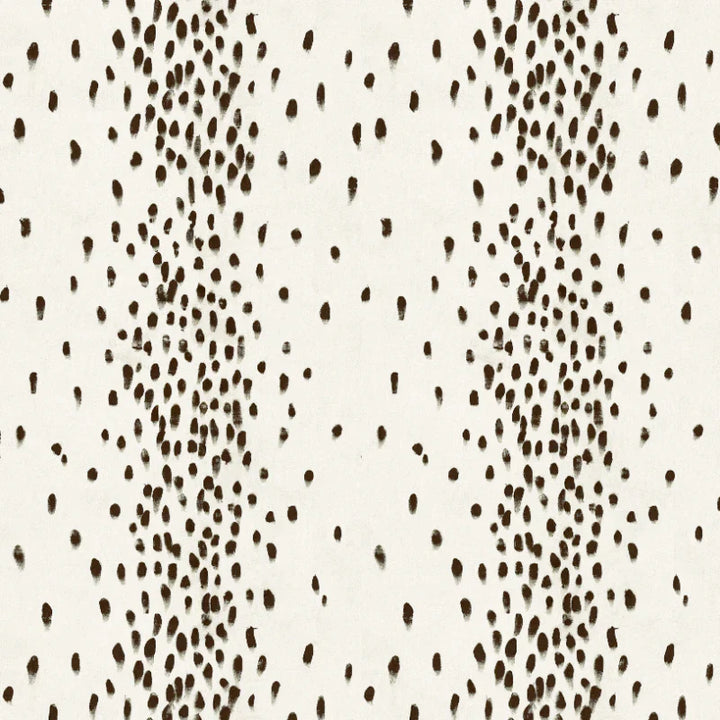 Poodle-and-blonde-Tottenham-Dalmatial-wallpaper-cocoa-white-animal-spots-printed-wide-wave-stripes-spots-brushstrokes-black-on-white