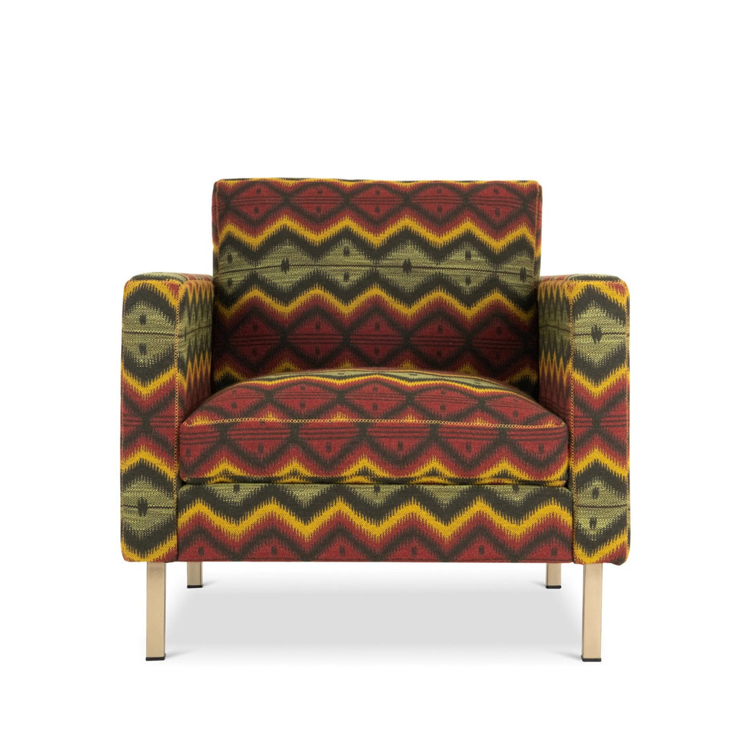 Mind-the-gap-Maverick-retro-style-chair-Pyramidenspite-Aztek-woven-fabric-upholstry-warm-colours-diamond-jacquard-style-faric-metal-legs-yellow-stitching