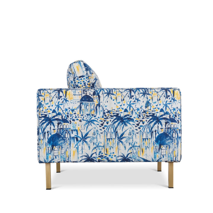 Mind-The-Gap-Maverick-Chair-Rhodes-Greek-style-architectural-fabric-print-palms-sunshine-white-blue-yellow-print-mis-century-style-shape-retro-classic-styling-antique-wood legs-hand-made-furniture