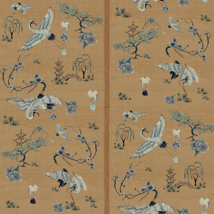 poodle-and-blonde-wallpaper-chinoiserie-style-wallpaper-cheeky-twist-storks-delivering-take-away-food-parcels-vintage-slub-silk-background-hand-embroidery-storks-stripes-digitally-reprinted-design-textile-effect-chinese=classic-wallpaper-camel-soft-brown